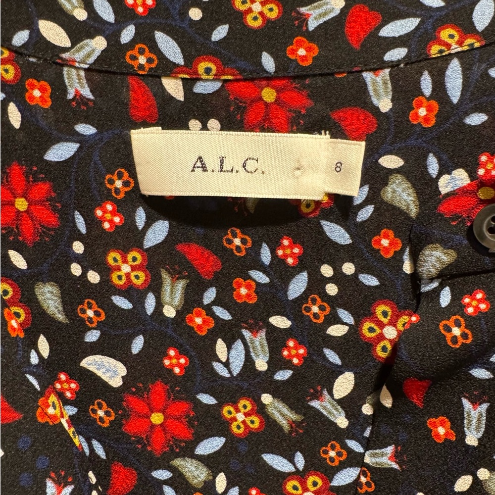 A.L.C. 100% Silk Floral Button Front Long Sleeve Blouse Black Multicolor Size 8 - Picture 5 of 8